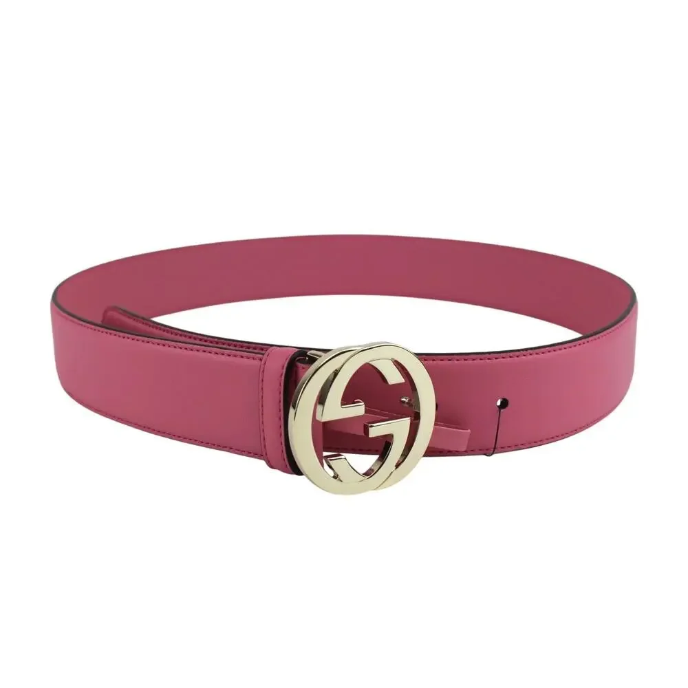 NEW Gucci Leather Interlocking G Buckle Belt Glossy Pink Gold Size 90/35